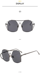 Detail view of large geometric sunglasses with thin metal frames and double bridges