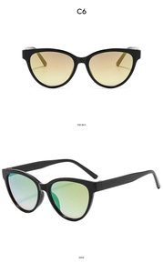 Front and side view of cat eye sunglasses with orange to green mirrored lenses