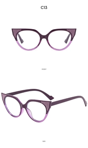 Front and side view of purple cat eye sunglasses with glitter accents for women