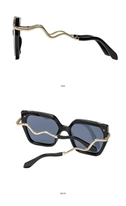 Detail of snake-shaped golden metal temples on square fashion sunglasses with SIDE and BACK views