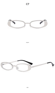 Front and side views of matte silver narrow oval metal frame retro Y2K sunglasses