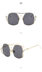 Detailed front and side views of oversized gold metal sunglasses with gray lenses