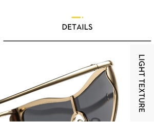 Detail of gold metal frame sunglasses with grey lenses and sleek streamlined top bar