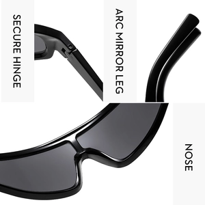 Détail des charnières, branches incurvées et plaquettes de nez de lunettes de sport