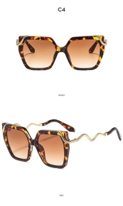 Detailed front and side views of tortoiseshell square sunglasses with gold snake temple