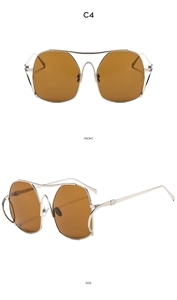 Detailed front and side views of oversized gold metal sunglasses with brown lenses