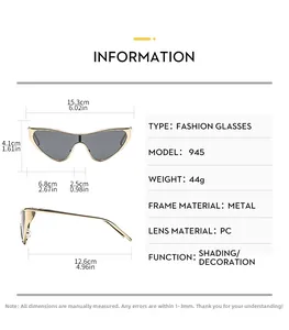 Detailed size chart for oversized metal frame sunglasses with precise measurements