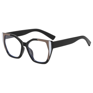 Fashionable geometric cat-eye glasses frame with black and brown color-blocking design