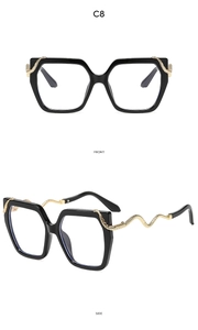 Detailed front and side views of square fashion glasses with golden snake-pattern temples