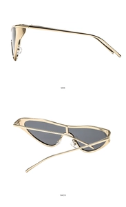 Detailed side and back views of fashion sunglasses with gold metal frames and dark lenses