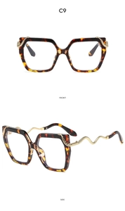 Front and side views of tortoise shell square sunglasses with gold snake-shaped metal temples