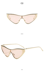 Detailed front and side views of wavy metal butterfly sunglasses with peach lenses