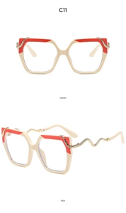 Detailed front and side views of square beige sunglasses with golden snake temples