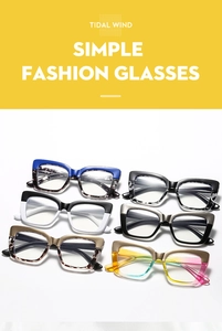 Detail showing six trendy square blue light blocking frames in vibrant color combinations