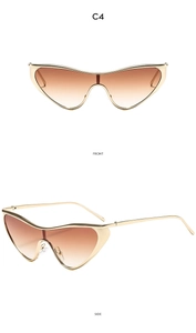 Front and side views of metallic oversized cat-eye sunglasses with brown gradient lenses