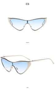 Front and side view of gold metal cat-eye sunglasses with blue gradient lenses