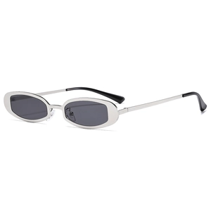 Retro Y2K oval sunglasses with silver metal frames and dark lenses on white background