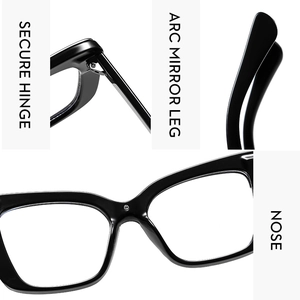 Detail view of square fashion glasses showing secure hinges and ergonomic arc temples