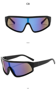Vues de face et de profil de lunettes de cyclisme sport avec verres miroir bleu-violet