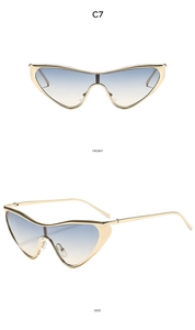 Front and side views of fashionable shield cat-eye sunglasses with gold metal frames