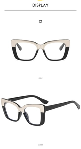 Front and side view of square cat-eye glasses frames with cream and black color blocking