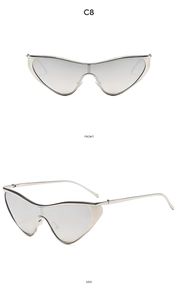 Front and side views of oversized silver butterfly sunglasses with futuristic mirrored lenses