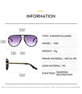 Detailed size chart for aviator sunglasses with purple gradient lenses and metal frame