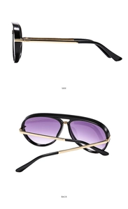 Side and back view of pilot sunglasses with black frame, gold temples and purple gradient lenses