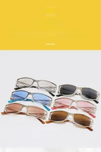 Detail of metal hollow-out frames and diverse color lenses for Y2K style sunglasses