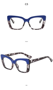 Front and side view of square two-tone anti-blue light glasses frame in blue and tortoiseshell