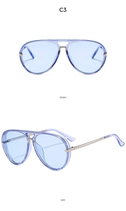 Front and side views of C3 pilot sunglasses with transparent frames and light blue lenses