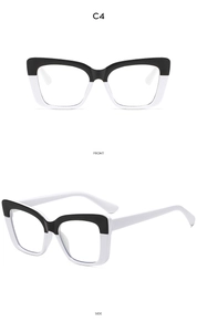 Front and side views of stylish square cat-eye glasses with black and white color block
