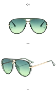 Front and side macro views of green-yellow gradient aviator sunglasses with gold frame