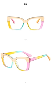 Front and side views of square rainbow gradient blue light blocking glasses with gold metal trim