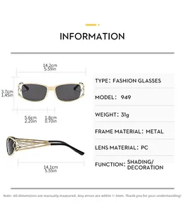 Detailed size guide for Y2K metal sunglasses featuring dimensions and frame specifications