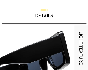 Detail shot of black square sunglasses showing premium texture and metallic hinges