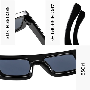 Detail of square sunglasses showing secure metal hinges and ergonomic arc mirror legs