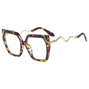 Tortoiseshell square glasses with gold snake-shaped metal temples in a 45-degree angle view