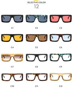 Grid view of 12 stylish square sunglasses in various colors and lens tints