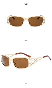 Detailed front and side view of gold Y2K sunglasses with hollow geometric temple design