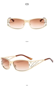 Front and side view of Y2K hollow metal sunglasses with rhinestones and gradient lenses