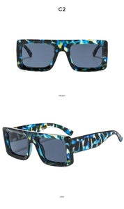 Front and side view of trendy square sunglasses with colorful marble pattern frames