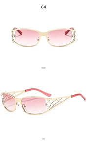 Detailed front and side views of gold Y2K sunglasses with pink gradient lenses and hollow mesh