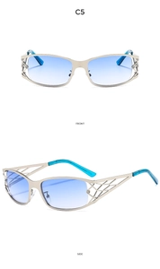 Detailed front and side views of Y2K silver metal hollowed-out frame sunglasses with blue lenses
