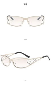 Detail view showing intricate hollow geometric metal frame design of Y2K fashion sunglasses