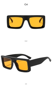 Front and side view of square thick frame sunglasses with orange lenses and black finish
