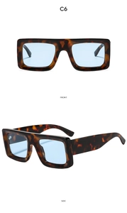 Front and side views of oversized square tortoise sunglasses with light blue lenses