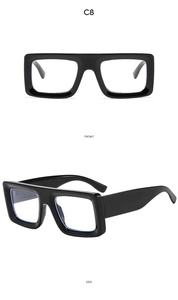 Detailed front and side views of chunky black square frame sunglasses with thick temples