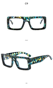 Close-up of retro square sunglasses with colorful marble texture in front and side views