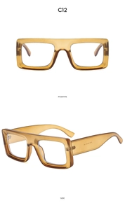 Detailed front and side view of translucent amber square frame sunglasses with thick temples